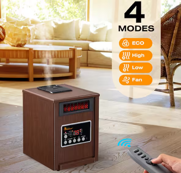 Electric Infrared Dual Heating System Space Heater with Humidifier, Oscillation Fan, and Remote Control in Walnut