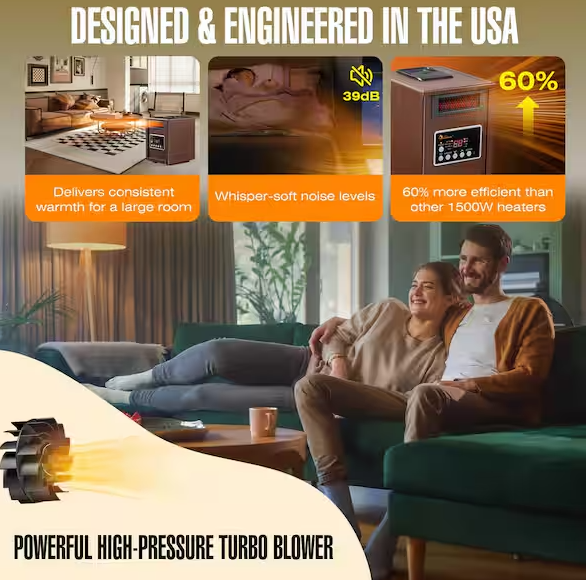 Electric Infrared Dual Heating System Space Heater with Humidifier, Oscillation Fan, and Remote Control in Walnut