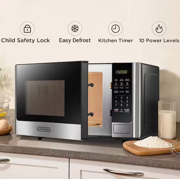 0.9 cu. ft. in Stainless Steel 900 Watt Countertop Microwave Oven with Turntable Push-Button Door, Safety Lock