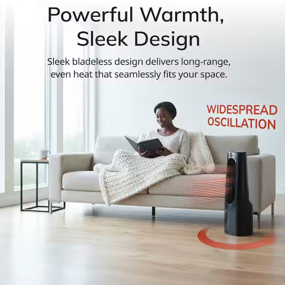 Bladeless 1500W 28 in. Black Electric Oscillating Tower Ceramic Space Heater with Remote Control and Digital Display