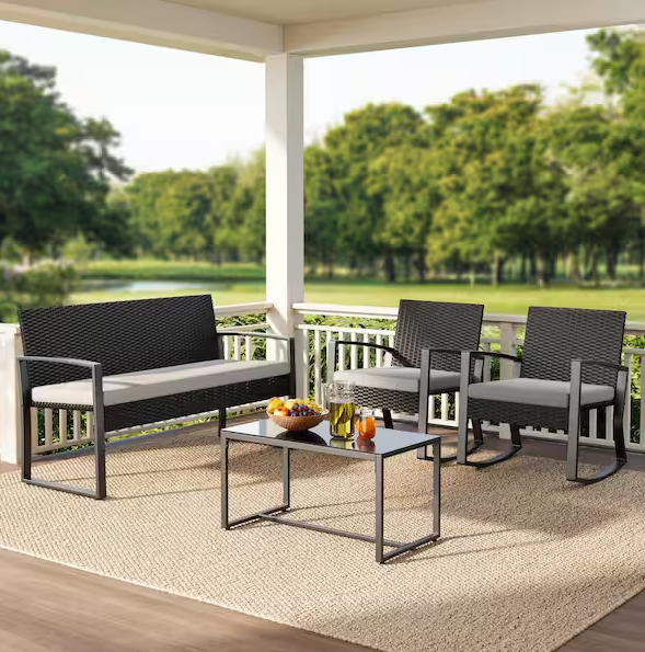 4 Piece Outdoor Patio Furniture Set with Glass Coffee Table, Rocking Wicker Bistro Set, for Backyard, Poolside, Gray