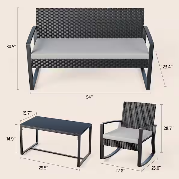4 Piece Outdoor Patio Furniture Set with Glass Coffee Table, Rocking Wicker Bistro Set, for Backyard, Poolside, Gray