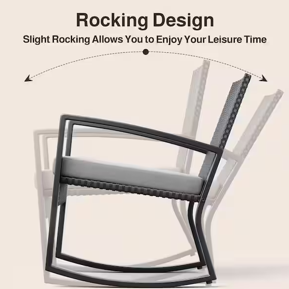 4 Piece Outdoor Patio Furniture Set with Glass Coffee Table, Rocking Wicker Bistro Set, for Backyard, Poolside, Gray