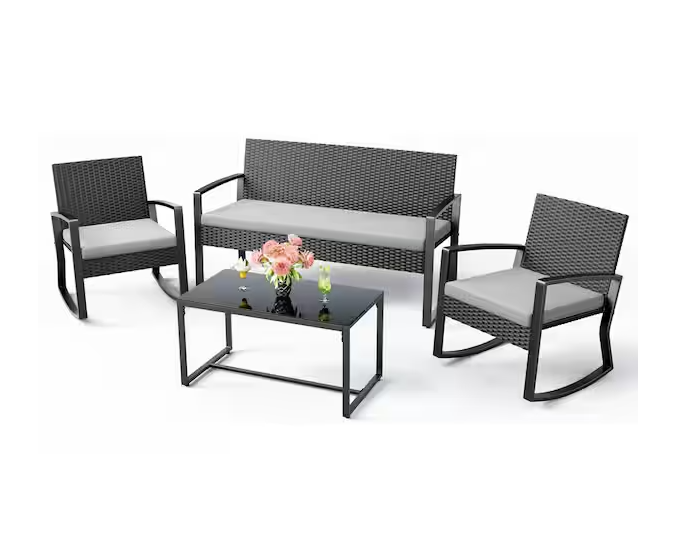4 Piece Outdoor Patio Furniture Set with Glass Coffee Table, Rocking Wicker Bistro Set, for Backyard, Poolside, Gray