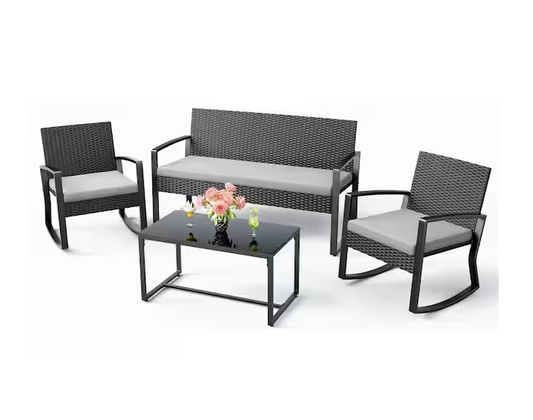 4 Piece Outdoor Patio Furniture Set with Glass Coffee Table, Rocking Wicker Bistro Set, for Backyard, Poolside, Gray