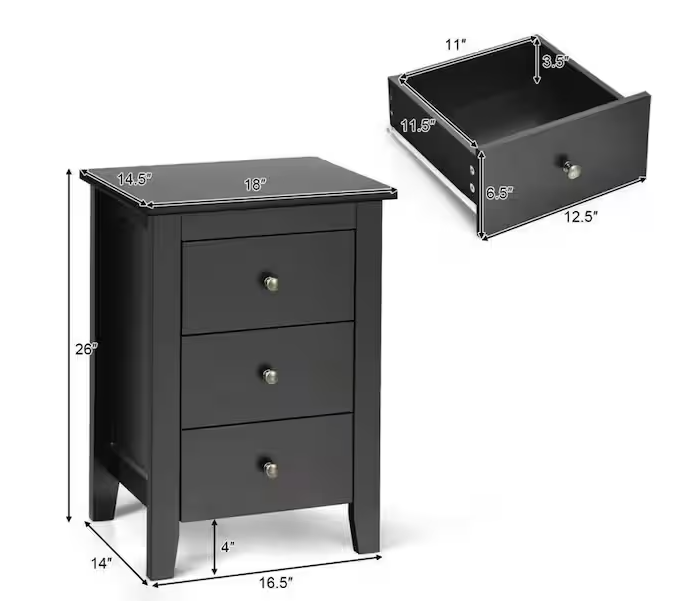 Modern Black 3-Drawers Nightstand for Living Room and Bedroom