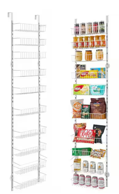 10-Tier Over the Door Pantry Organizer, Heavy-Duty Steel Hanging Spice Rack, Adjustable Shelves for Kitchen, White