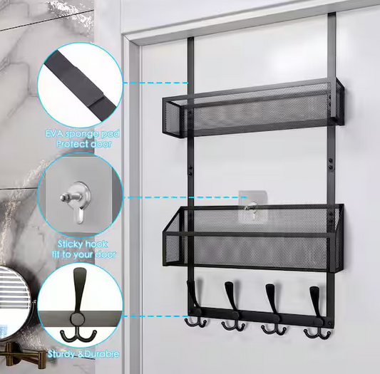 Over The Door Hooks Organizer, 3-Tier Black Stainless Steel Door Storage Hanger with Mesh Basket for Pantry Organizers
