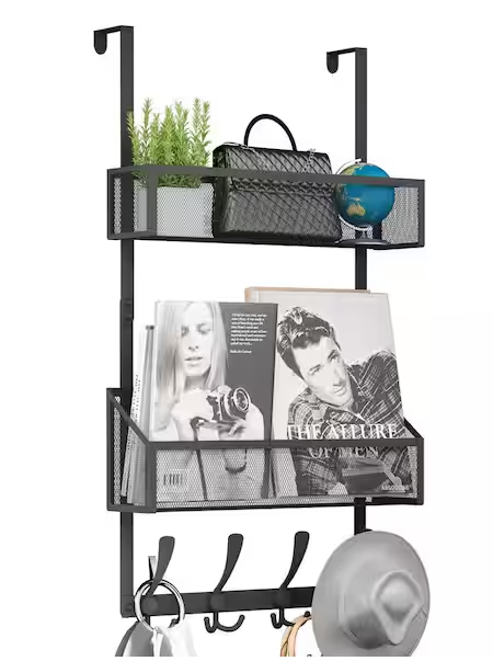 Over The Door Hooks Organizer, 3-Tier Black Stainless Steel Door Storage Hanger with Mesh Basket for Pantry Organizers