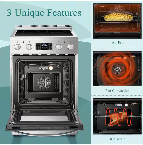 24 in. 4 Burner Elements Freestanding Electric Range in Stainless Steel with Air Fry, Rotisserie and True Convection