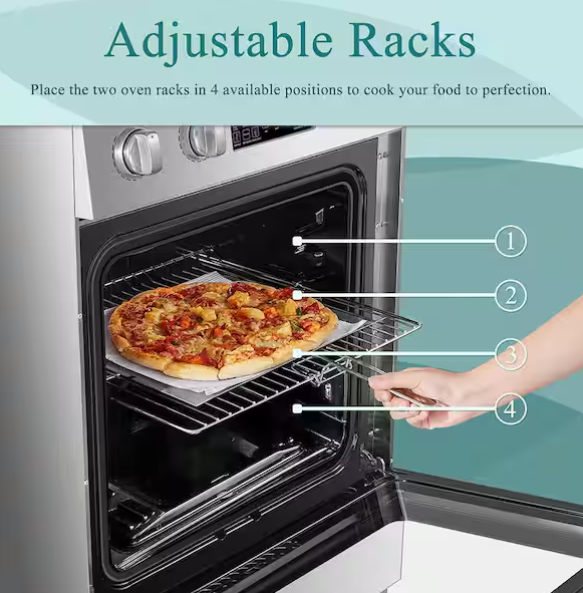 24 in. 4 Burner Elements Freestanding Electric Range in Stainless Steel with Air Fry, Rotisserie and True Convection