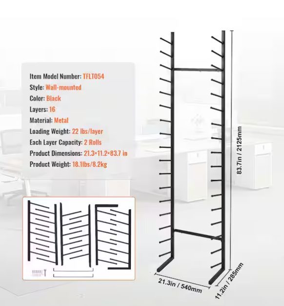 Blueprint Storage Rack, Hanging Poster Display Rack 16-Tier, Vertical Blueprint Roll File Holder 2 Rolls/tire Black