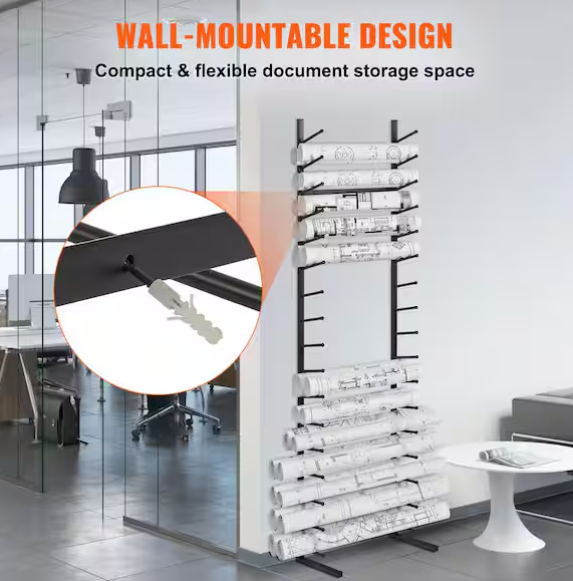 Blueprint Storage Rack, Hanging Poster Display Rack 16-Tier, Vertical Blueprint Roll File Holder 2 Rolls/tire Black