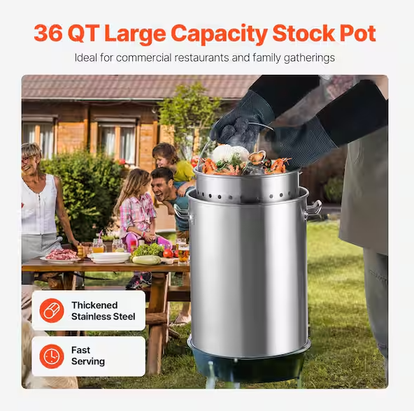 36 qt. Stainless Steel Stockpot, Heavy Duty Cookware with Basket, Lid and Handle, Commercial Grade for Steaming, Boiling