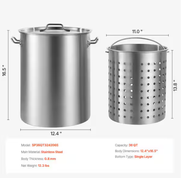 36 qt. Stainless Steel Stockpot, Heavy Duty Cookware with Basket, Lid and Handle, Commercial Grade for Steaming, Boiling