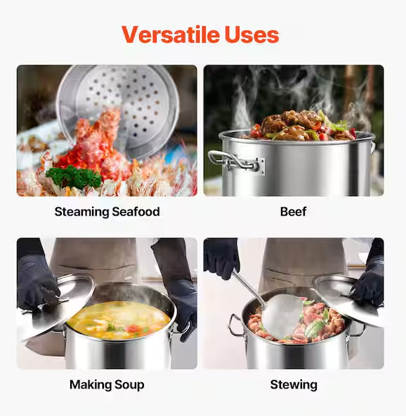 36 qt. Stainless Steel Stockpot, Heavy Duty Cookware with Basket, Lid and Handle, Commercial Grade for Steaming, Boiling