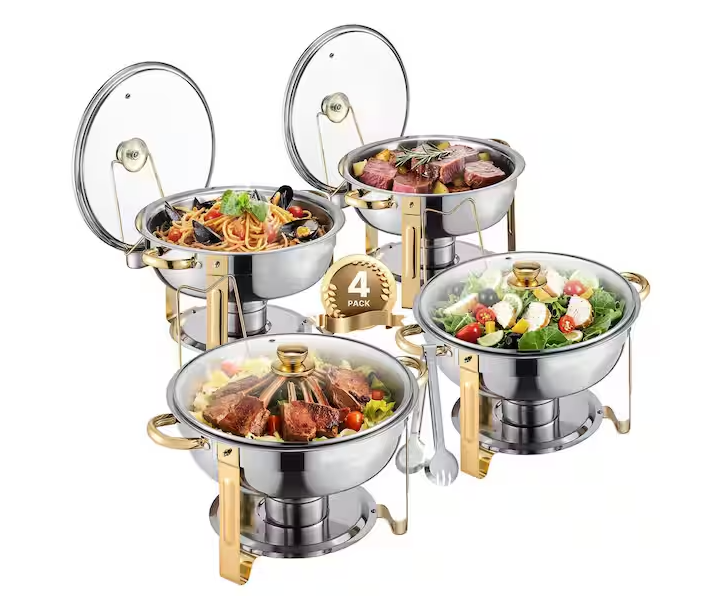 Chafing Dish Buffet Set, 5 qt. 4-Pack, Stainless Steel Chafer with Pans and Glass Lid, Round Catering Warmer with Fuel