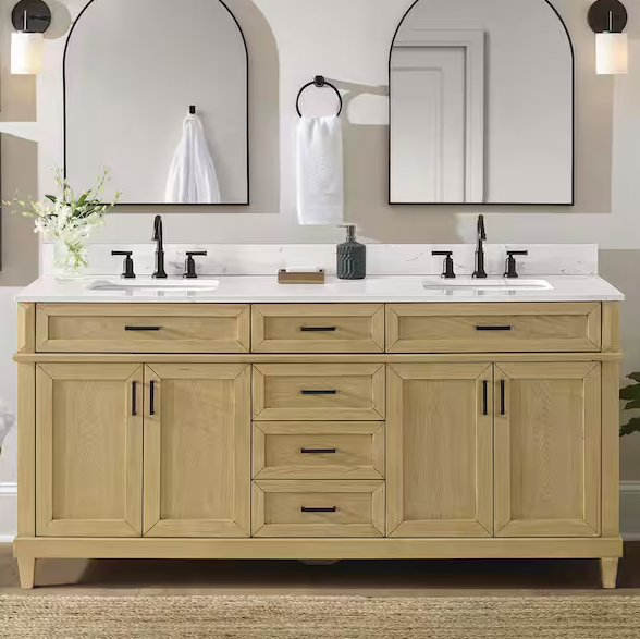 Talmore 72 in. Double Sink Light Oak Bath Vanity with White Engineered Marble Top (Assembled)