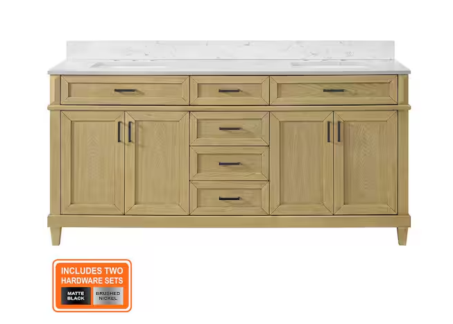 Talmore 72 in. Double Sink Light Oak Bath Vanity with White Engineered Marble Top (Assembled)