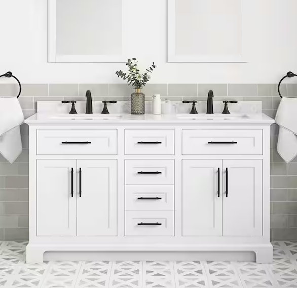 Doveton 60 in. Double Sink Freestanding White Bath Vanity with White Engineered Marble Top (Assembled)