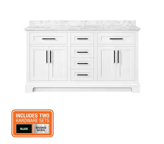 Doveton 60 in. Double Sink Freestanding White Bath Vanity with White Engineered Marble Top (Assembled)