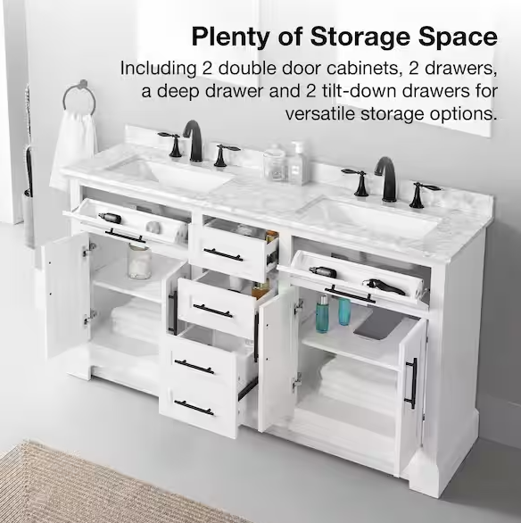 Doveton 60 in. Double Sink Freestanding White Bath Vanity with White Engineered Marble Top (Assembled)