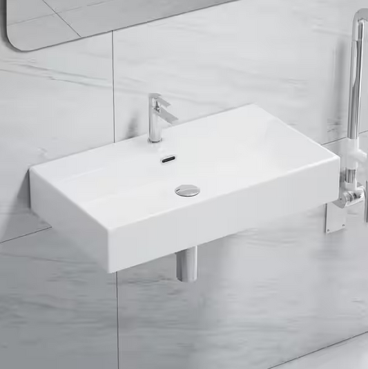 Turner Vitreous China 30 in. W x 16 in. D x 5 in. H Wall-Mount Bathroom Sink with Faucet Hole and Overflow in White