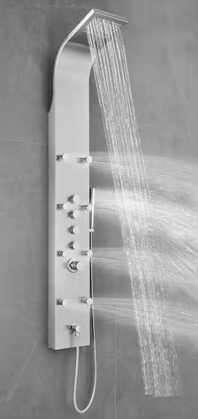 65 in. 8-Jet Rainfall Shower Panel System with Rainfall Waterfall Shower Head and Shower Wand in Stainless Steel