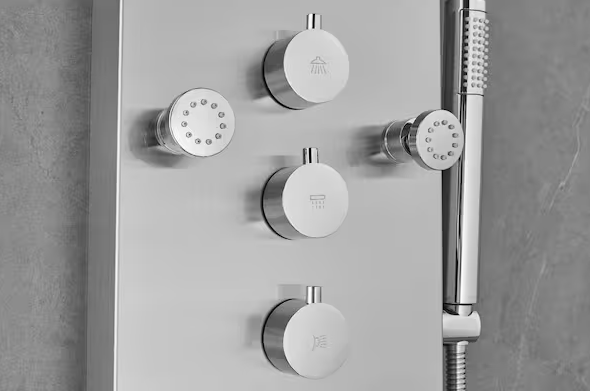 65 in. 8-Jet Rainfall Shower Panel System with Rainfall Waterfall Shower Head and Shower Wand in Stainless Steel