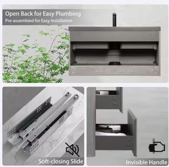 42 in. W Single Sink Wall Mount Floating Bath Vanity in Cement Grey with Black Quartz Sand Surface Top