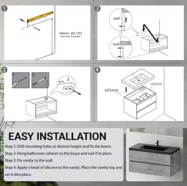 42 in. W Single Sink Wall Mount Floating Bath Vanity in Cement Grey with Black Quartz Sand Surface Top