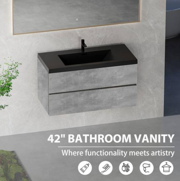 42 in. W Single Sink Wall Mount Floating Bath Vanity in Cement Grey with Black Quartz Sand Surface Top