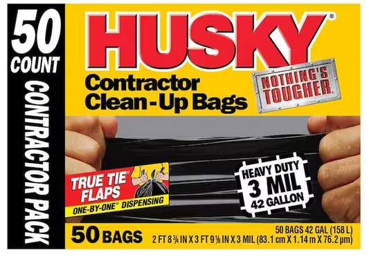 Husky Contractor Clean-Up Bags, Heavy Duty 3 Mil 42 Gal. Nothing's Tougher 50Pc.