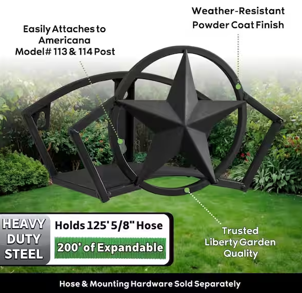 125 ft. Americana Black Metal Star Hose Hanger Garden Hose Reel