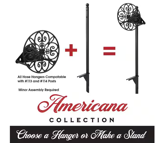 125 ft. Americana Matte Black Cast Aluminum Decorative Round Hose Hanger Garden Hose Reel