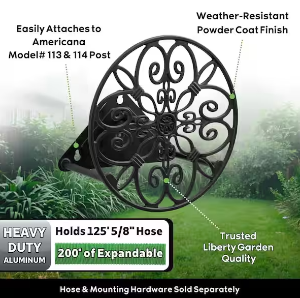 125 ft. Americana Matte Black Cast Aluminum Decorative Round Hose Hanger Garden Hose Reel