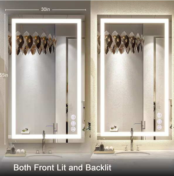 30 in. W x 55 in. H LED Light Anti-Fog Rectangular Modern Frameless White Wall Mirror