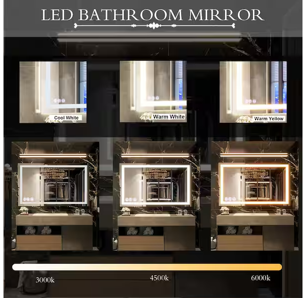 30 in. W x 55 in. H LED Light Anti-Fog Rectangular Modern Frameless White Wall Mirror