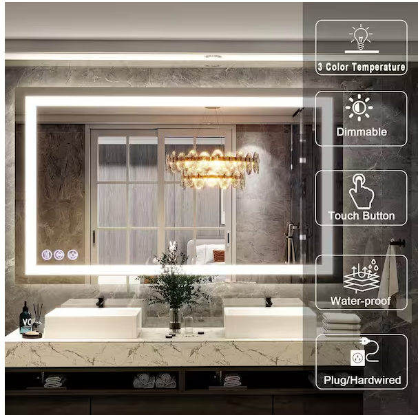 30 in. W x 55 in. H LED Light Anti-Fog Rectangular Modern Frameless White Wall Mirror