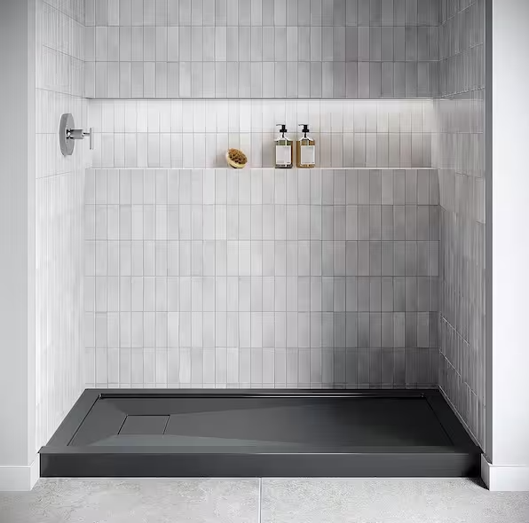 GB-2525-104-BL 48 in. x 32 in. Alcove Acrylic Shower Pan Base in Glossy Black with Left Drain, Drain Included