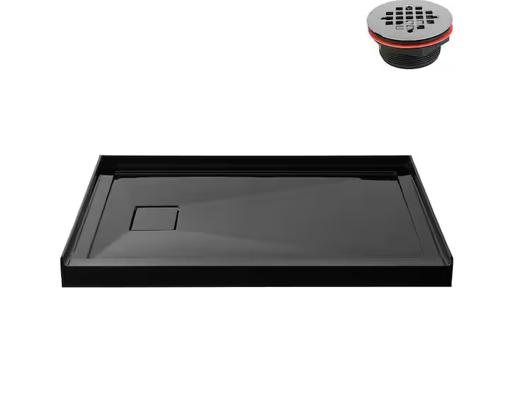 GB-2525-104-BL 48 in. x 32 in. Alcove Acrylic Shower Pan Base in Glossy Black with Left Drain, Drain Included
