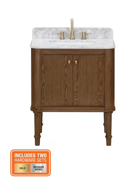 Collette 30 in. Single Sink Cinnamon Oak Bath Vanity with White Carrara Marble Top (Assembled)