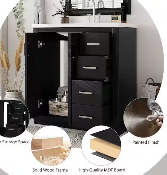 30 in. W Single Sink Bath Vanity in Black with White Ceramic Top, 3-Drawers, Soft Closing Doors