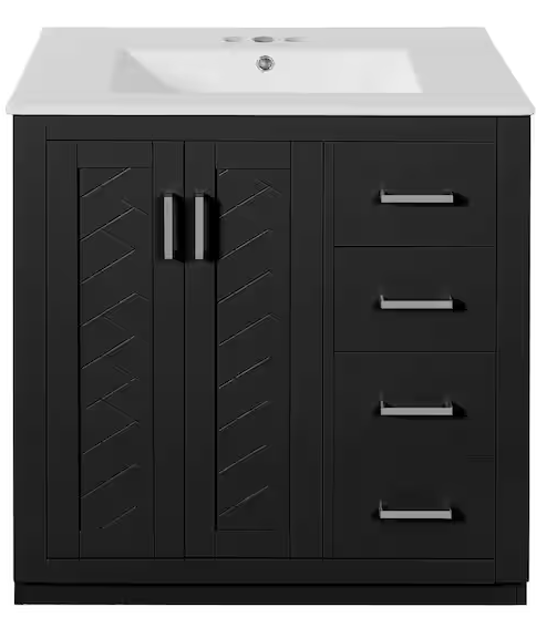 30 in. W Single Sink Bath Vanity in Black with White Ceramic Top, 3-Drawers, Soft Closing Doors
