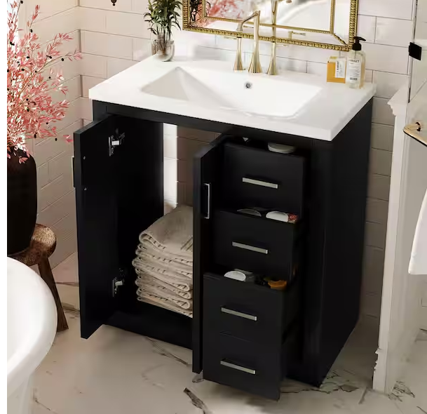 30 in. W Single Sink Bath Vanity in Black with White Ceramic Top, 3-Drawers, Soft Closing Doors