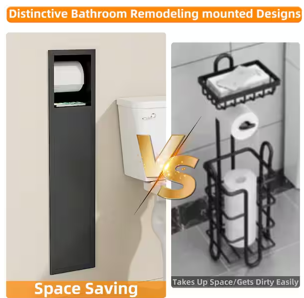 6 in. W x 25 in. H x 5.5 in. D Recessed Toilet Brush Holder with Cabinet, Shower Niche Toilet Paper Holder in Black