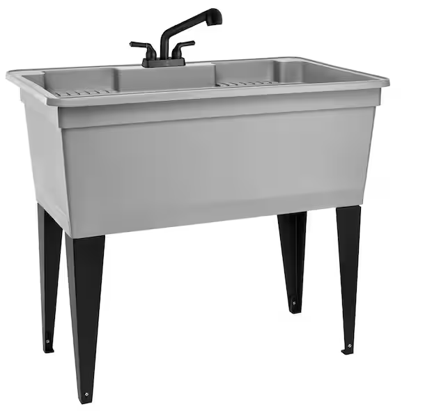 23.75 in. D x 39.5 in. W 37-Gallon Freestanding Laundry/Utility Sink in Gray with Black Pull-Out Faucet