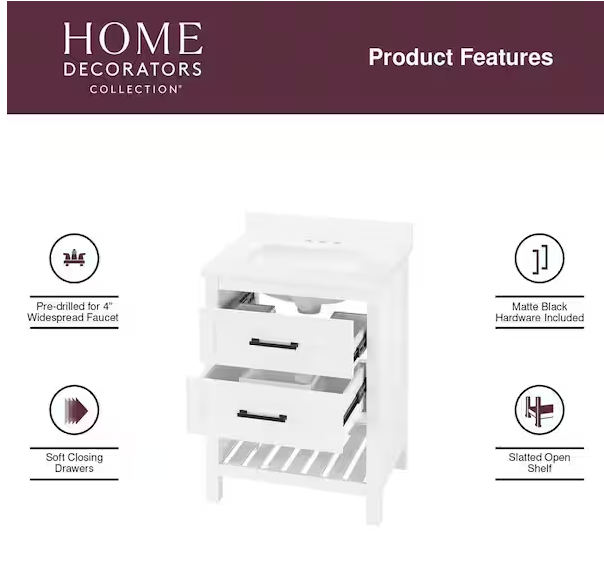 Autumn 24 in. Single Sink White Bath Vanity with White Engineered Stone Top (Assembled)