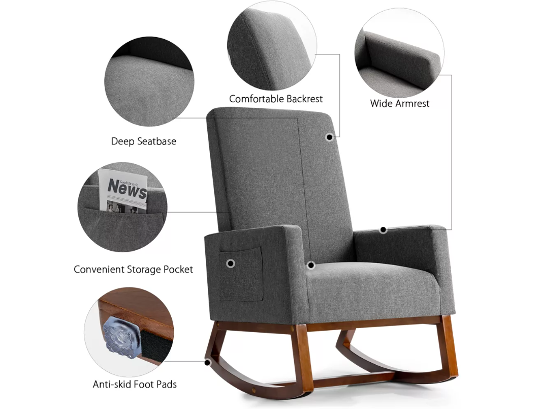 Costway Mid Century Retro Fabric Upholstered Rocking Chair Modern Armchair Beige\Gray