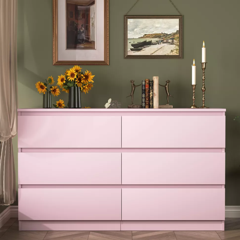 Modern PINK 6-Drawer Double Dresser Roomy Storage Chest for Closet Bedroom Living Room